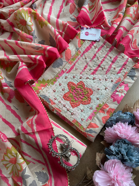 Embroidered yog neon pink pure cotton suit set