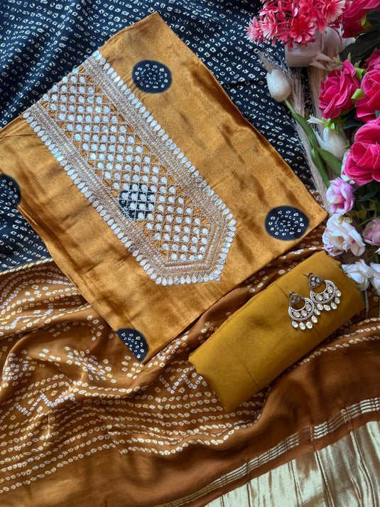 Gajji silk bandhani pita work suit set