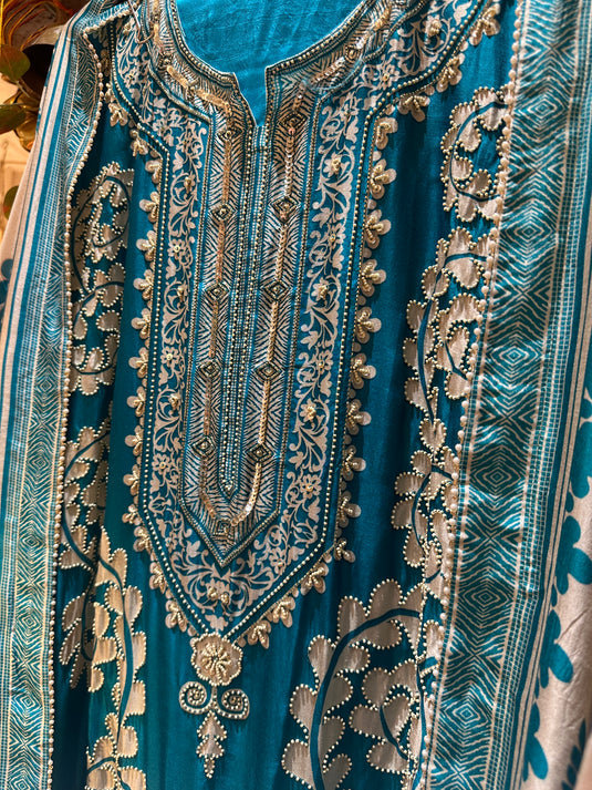 Floral patterned pearl highlight raw silk suit set