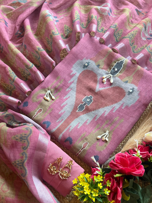 Linen shell work Uzbek Ikkat print suit set