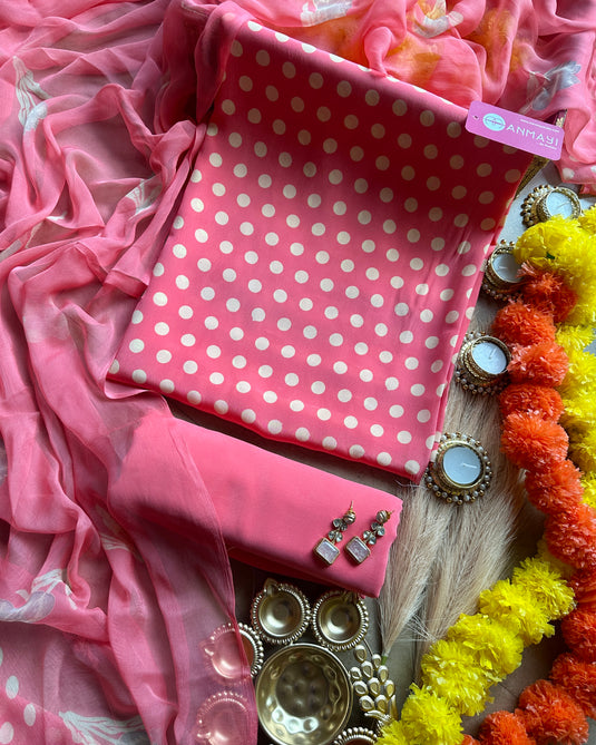 Mini polka dots pure crepe suit set with floral chiffon dupatta