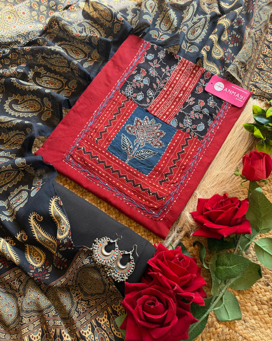 Combination ajrakh suit set with banjara pattern neck