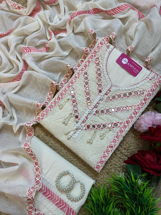 Hakooba cotton pearl and mirror detail cream cotton suit