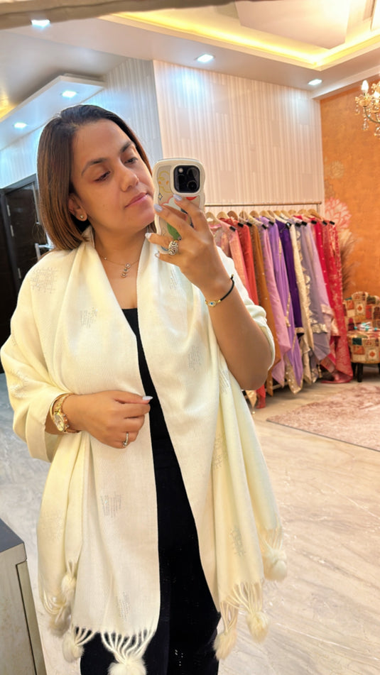 Abstract stone work soft wool stoles with Pom Pom