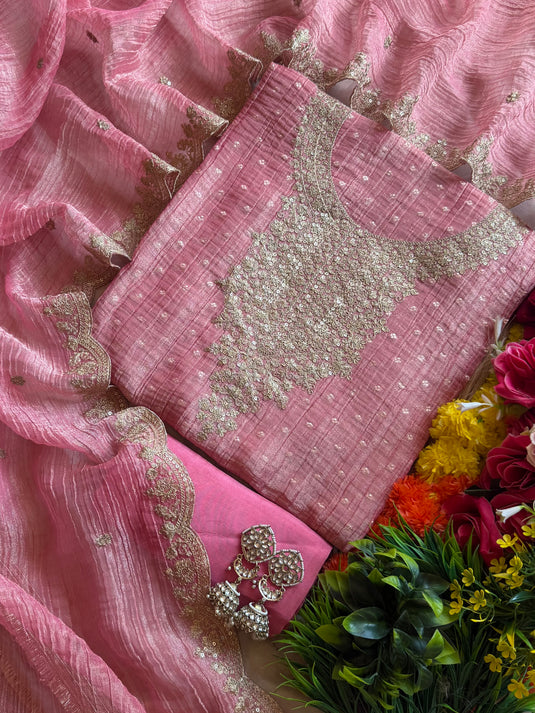 Light crushed soft organza suit set with gold Dori work