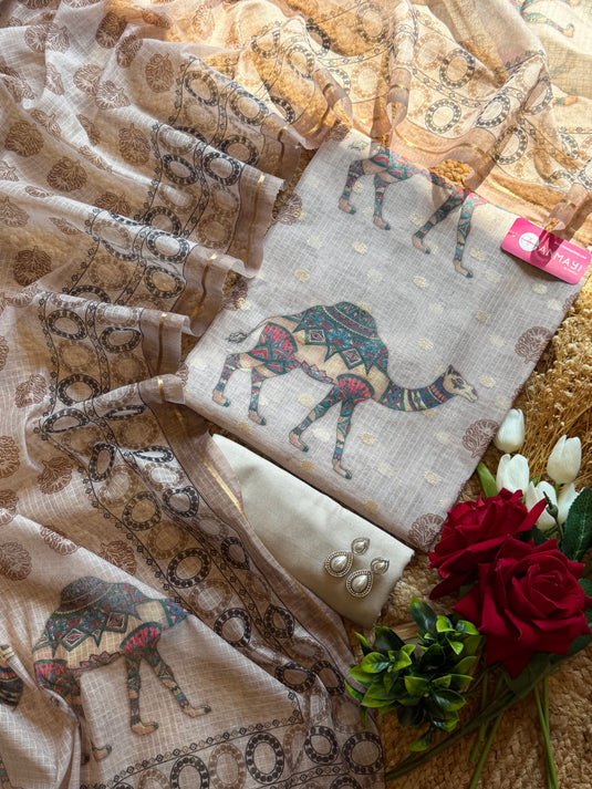 Kota Doria Camel print suit set with pearl neck and Banarasi work