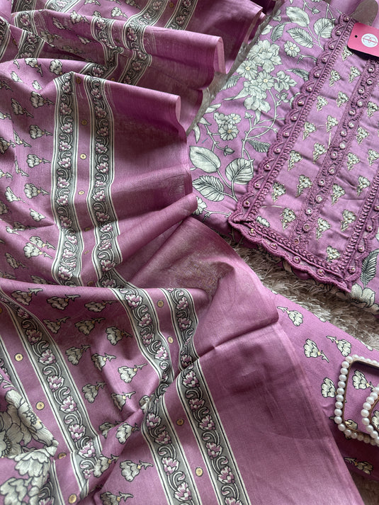 Patterned neck floral print cambric cotton suit