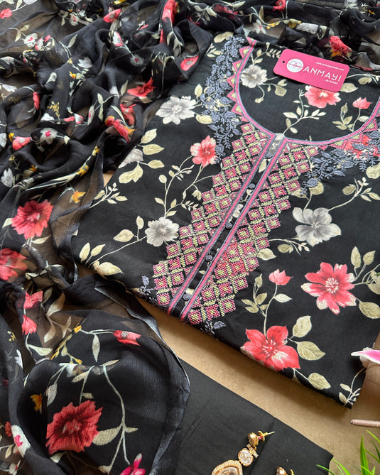 Floral cotton suit with cross stitch neck and pure chiffon printed dupatta