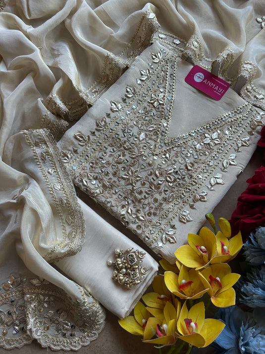Shimmer tissue gotta mirror work suit set with cutwork dupatta
