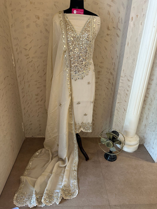Shimmer tissue gotta mirror work suit set with cutwork dupatta