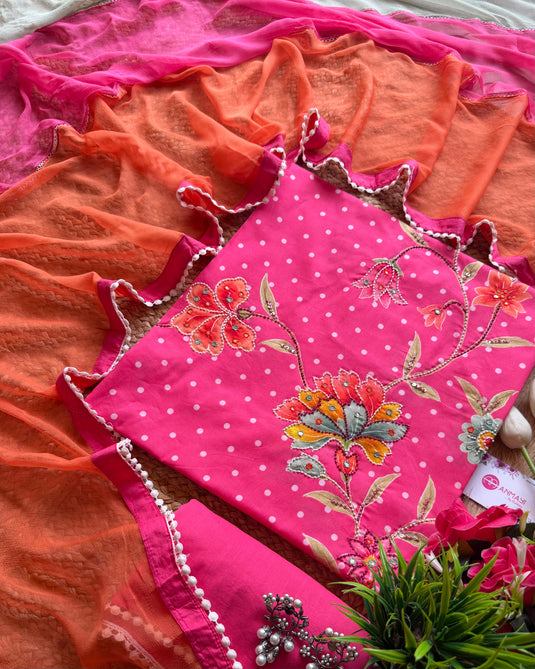 Highlighted hibiscus pure cotton polka dots suit set with tricolour dupatta