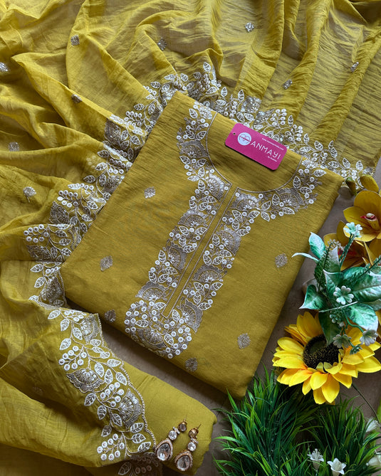 Intricate embroidered soft mul Chanderi suit set (Includes Shirt Lining)