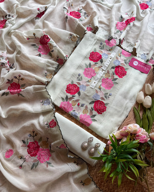 Mul cotton aari work flower pastel suit set