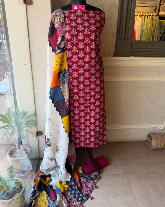 Lotus ajrakh pure cotton patched dupatta suit set