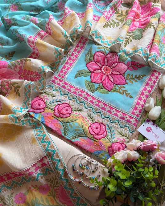 Arabic Mul Chanderi cotton coloured pearl suit set