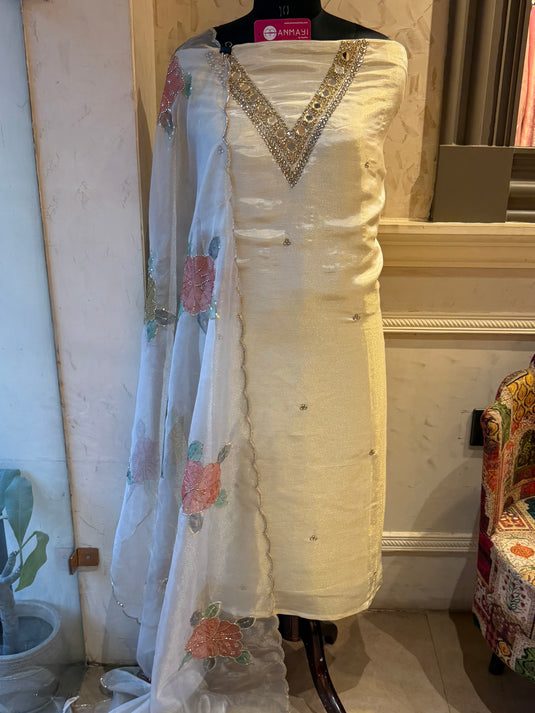 Mirrors v neck shimmer silk suit set with organza highlights dupatta