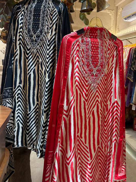 Abstract print Gajji silk suit set with mirror work neck