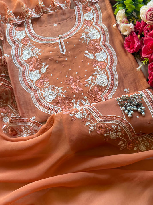 Semi stitched parsi work patched organza neck pure Mul cotton suit