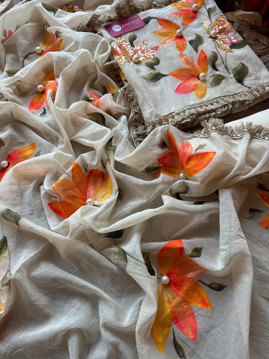 Handpaint ombré flowers with highlights Mul Chanderi suit set