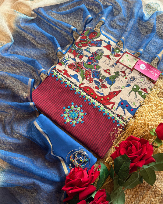 Arabic printed neck pure cotton suit set with Kota dupatta