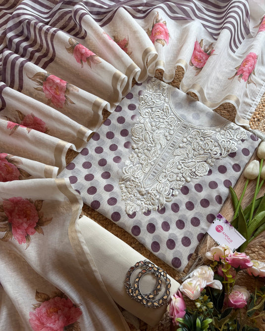 Polka dots parsi neck chanderi suit set