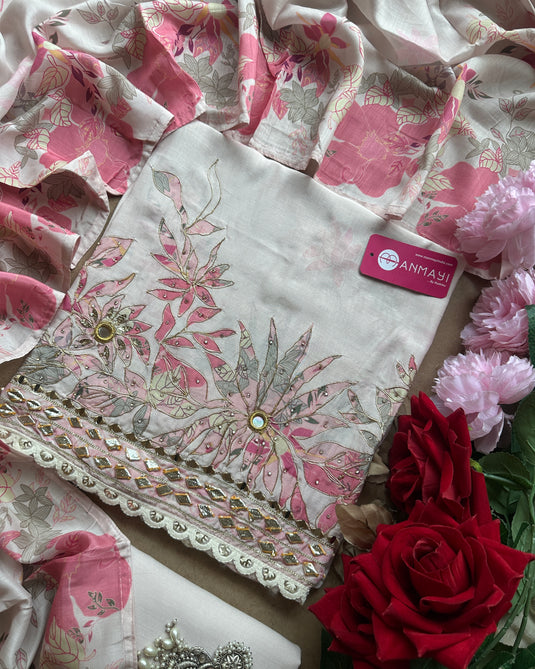 Pink printed muslin gotta work semi stitched suit set