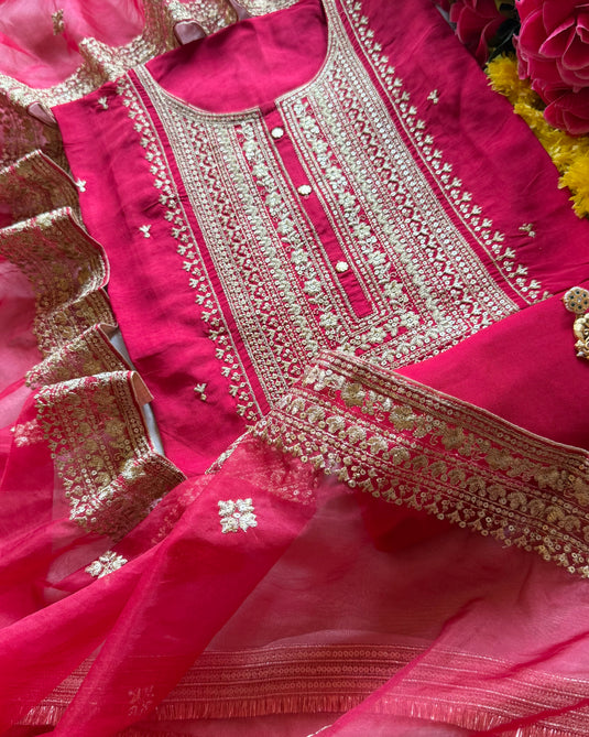 Art raw silk dori neck suit with organza dupatta