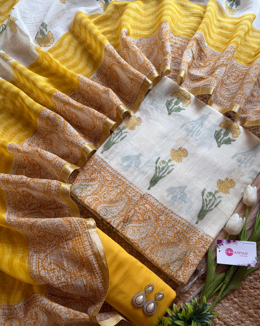 Block flower print pure Maheshwari suit set