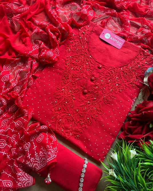 Pure cotton lucknawi neck suit set with pure chiffon dupatta