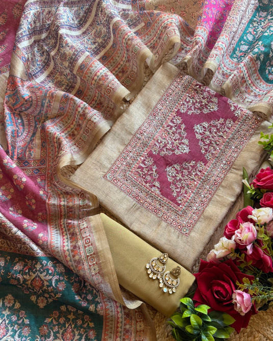 Tussar silk suits paired with printed Persian dupatta