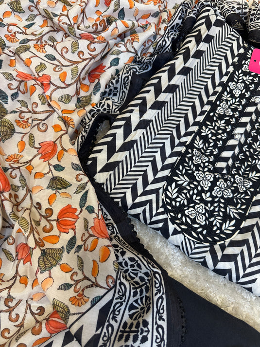 Abstract black and white muslin suit with digital print dupatta