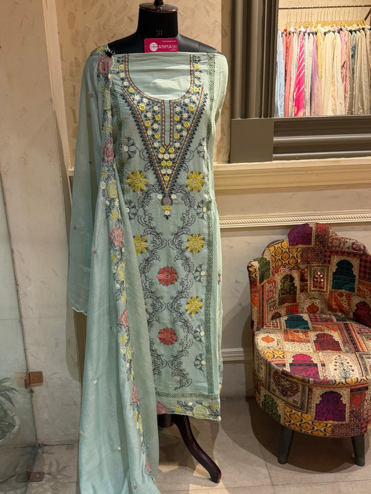 V neck self thread Mul Chanderi suit set