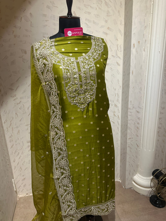 Banarasi organza gold thread work suit set with embroidered stole