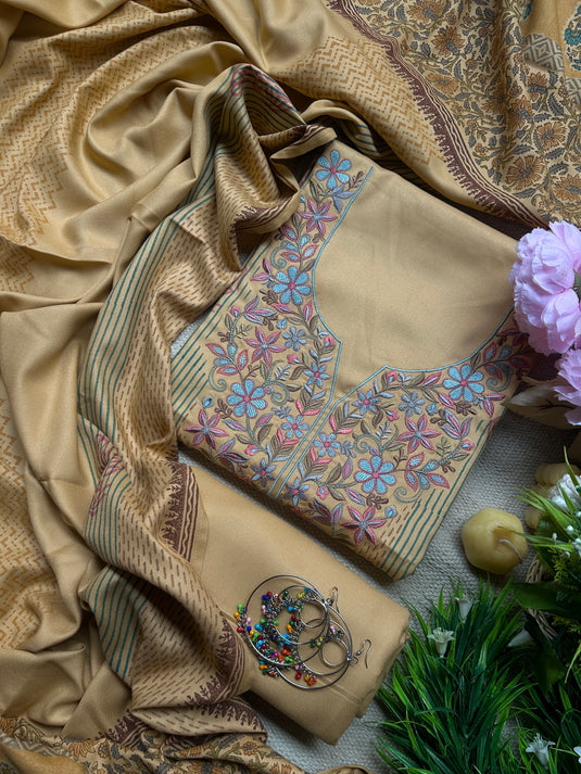 Soft Pashmina Parsi work suits with block print details