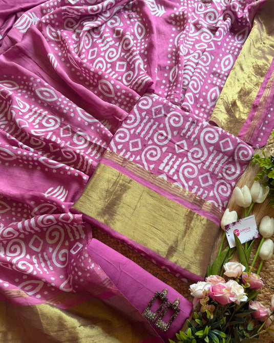 Muslin cotton batik print Zari weave suit set