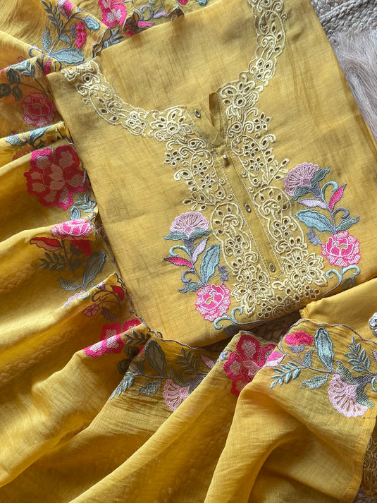 Intricate thread schiffli work pure mul cotton suit