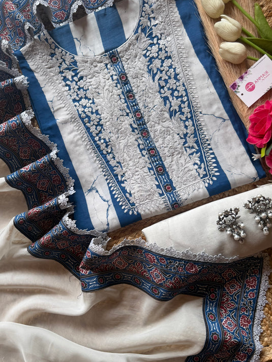 Stripes Parsi neck pure muslin suit set