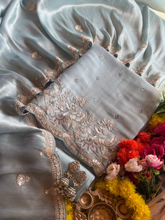 Pastel zardosi work Kanjivaram suit set