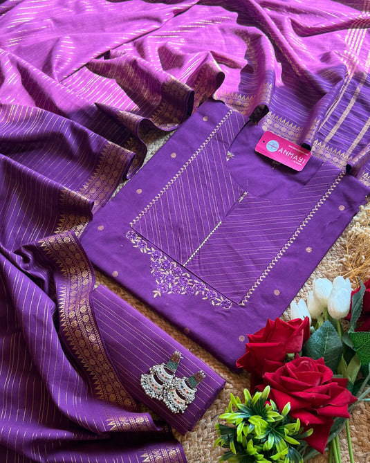 Handloom cotton temple neck suit set