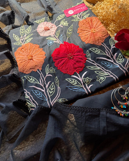 Coloured applique flower Mul Chanderi suit set