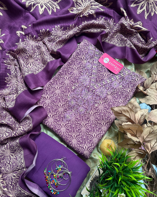 Embroidered V neck printed pashmina suit sets