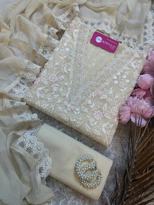 Kota Chikankari v neck suit with pure chiffon mukaish dupatta