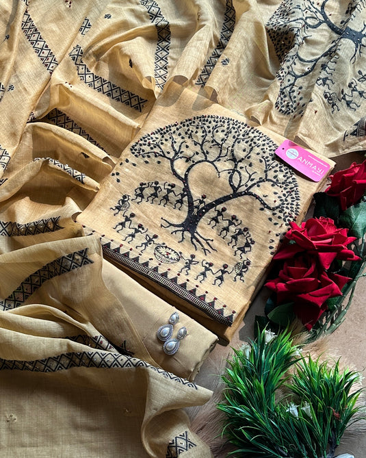 Warli work Jamdani cotton silk suit set