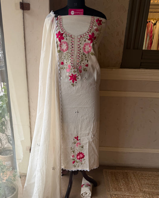 Mul cotton thread mirror work cream suit