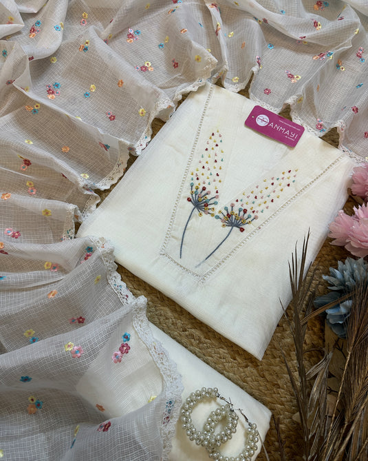 Coloured Pearls neck Kota Doria suit with garden dupatta