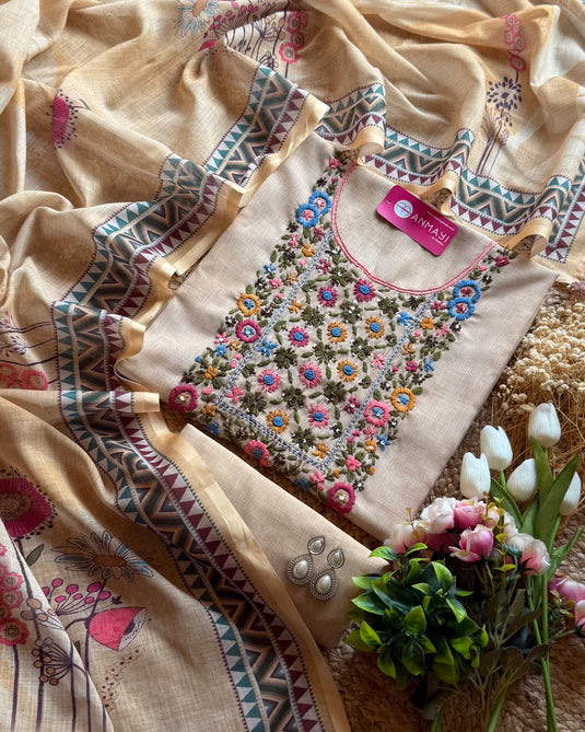 Fine linen French knot garden neck suit set