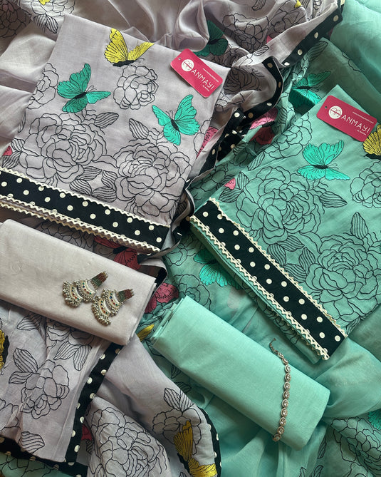 Mul cotton butterfly embroidered suit set