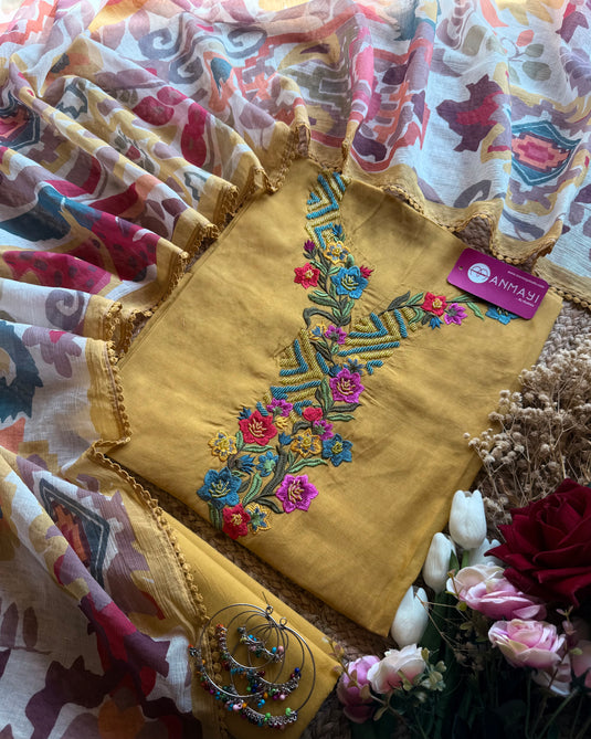 Modal muslin hand embroidered suit set with printed Georgette dupatta