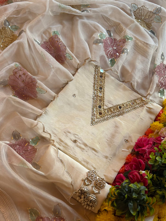 Mirrors v neck shimmer silk suit set with organza highlights dupatta