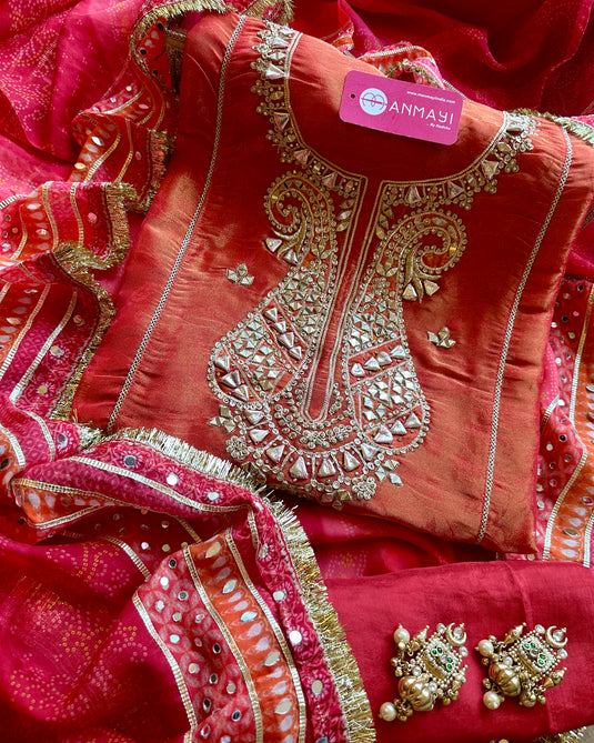Tissue banarasi combination suit set with gotta mirror work and bandani dupatta